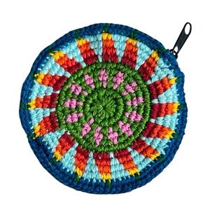 Hand Crafted Crocheted Colorful Round Sunburst Design Zipper Change Pouch Purse